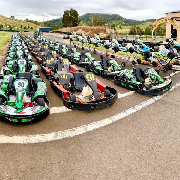 Lots of Karts lined up on the track ready to race at Picton Karting Track