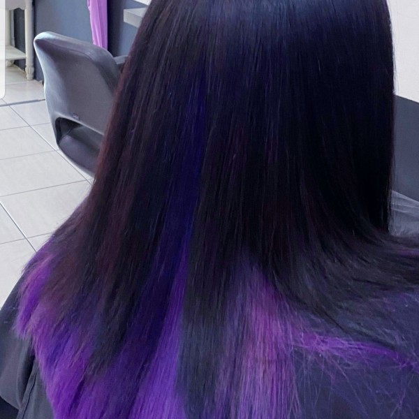 Lady with black and purple hair done at Hairbomb Bargo 