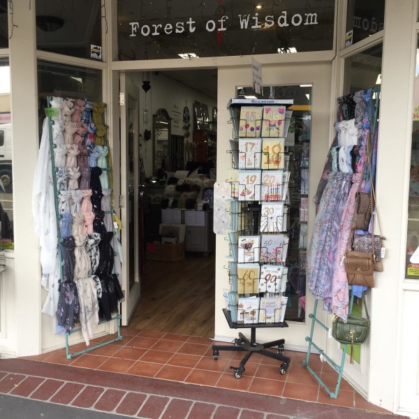 Front of shop with card rack and signage saying 'Forest of Wisdom'