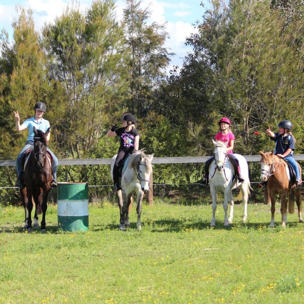 Group of horses and riders at Hills and Hollows Ponies