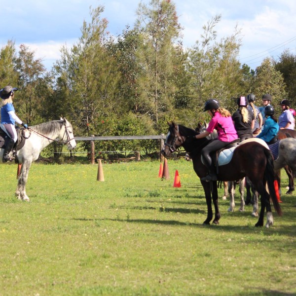 Riders having a lesson with obstacle course at Hills and Hollows Ponies