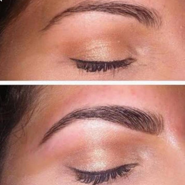 Close up of before and after a brow tint and wax treatment
