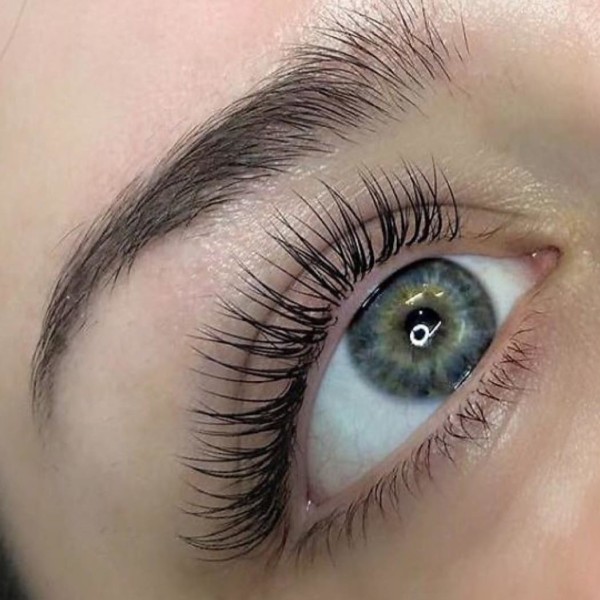 Close up of lash lift treatment on brunette lashes