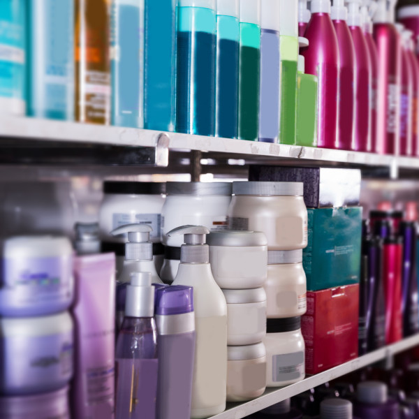 Hair products lined up on a shelf 