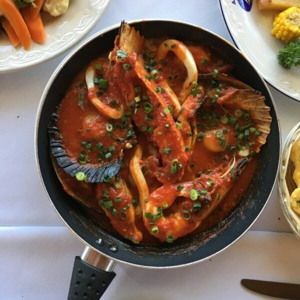 Seafood meal on table at restaurant
