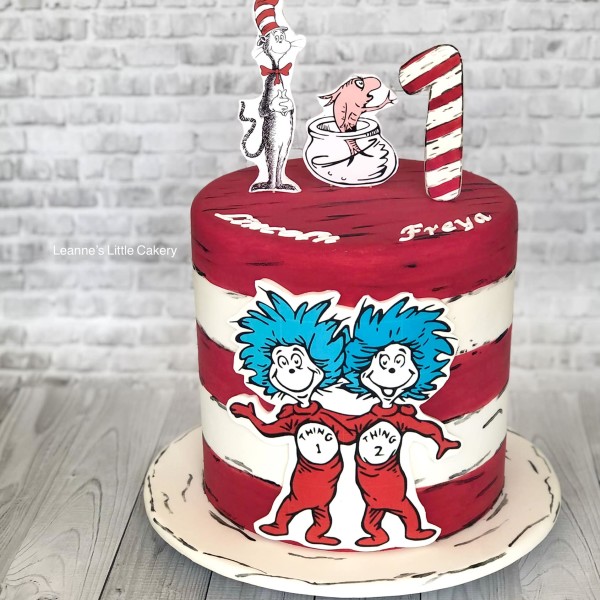 Dr Seuss iced cake with Thing One and Thing Two characters