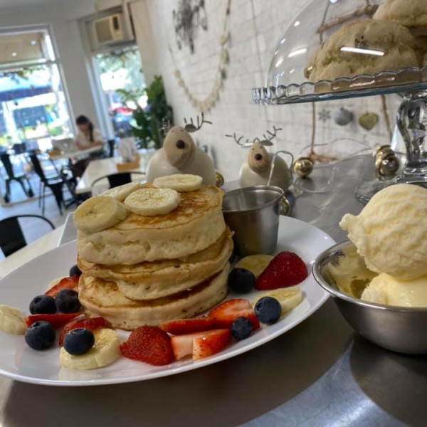 Fluffy pancake stack at Leaf & Bean Cafe